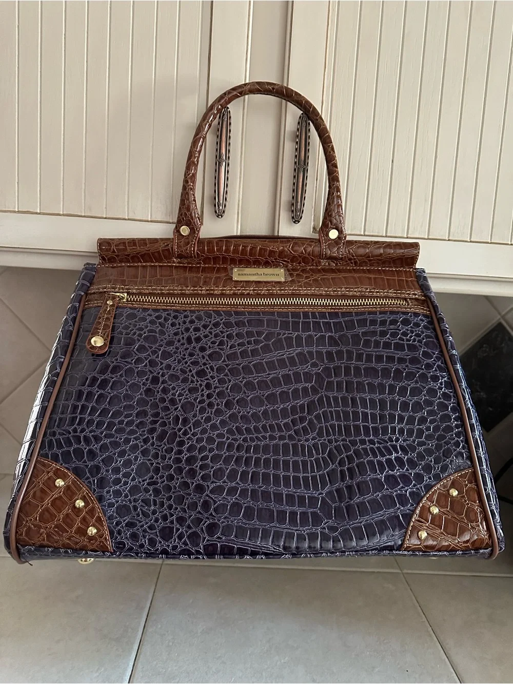 Croc-Embossed  Travel Tote in Dark Purple and Brown Trim by Samantha Brown